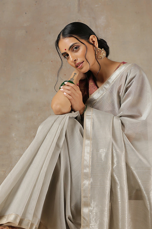 Handweave Maheshwari "Alabaster" Handloom Cotton Silk Saree with Zari Pallu and Border