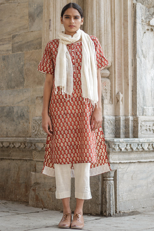 Sadhna 'Bindani' Maroon Dabu Print Cotton Long Kurta