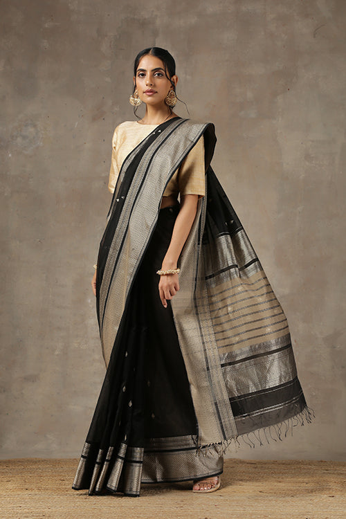 Handweave Maheshwari "Black" Handloom Cotton Silk Saree