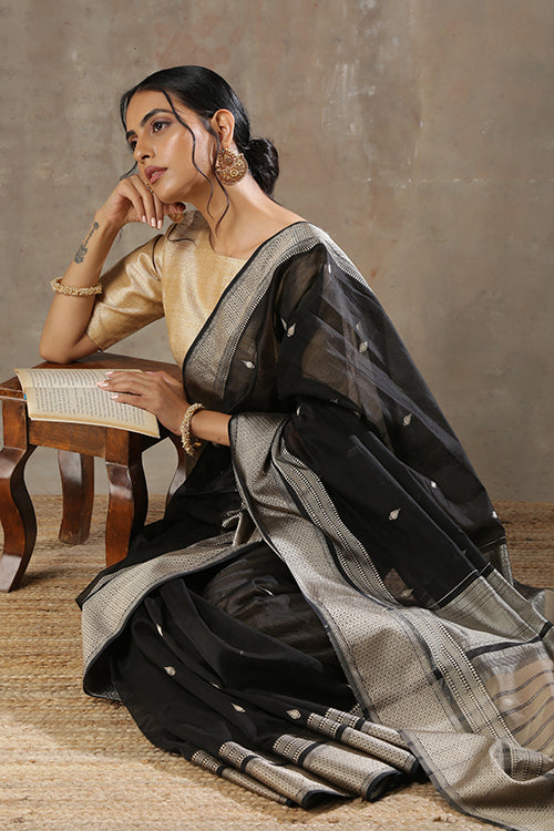 Handweave Maheshwari "Black" Handloom Cotton Silk Saree