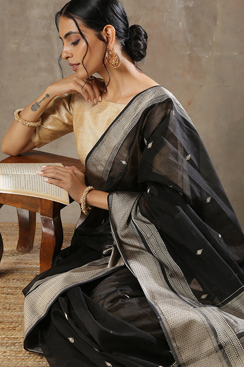 Handweave Maheshwari "Black" Handloom Cotton Silk Saree