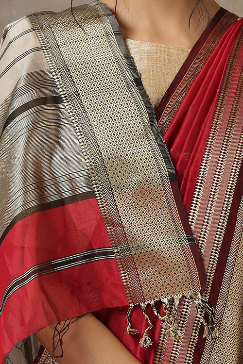 Handweave Maheshwari "Red" Handloom Cotton Silk Saree