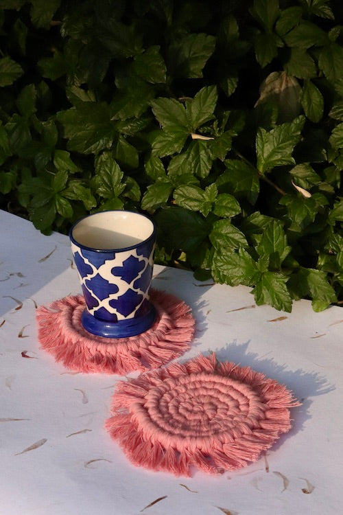 Handcrafted Macrame Round Coasters (Set of 2) - Pink