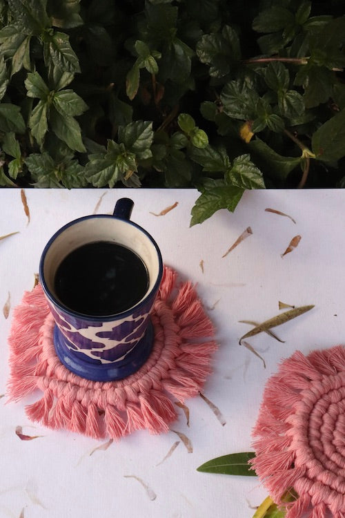 Handcrafted Macrame Round Coasters (Set of 2) - Pink