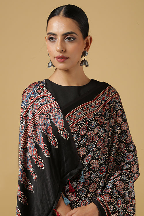Buy Jahangir Khatri Hand Block Print Black Ajrakh Saree With Tassels Online  – Okhaistore