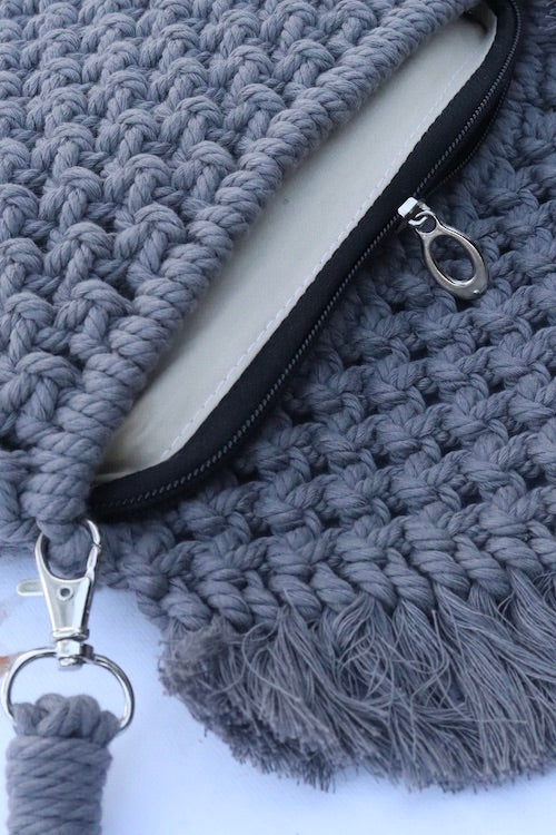 House of Macrame Handcrafted Macrame Clutch Bag with sling (Charcoal Grey)