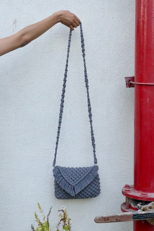 Handcrafted Clutch Bag With Sling Charcoal Grey Macrame Bag Online