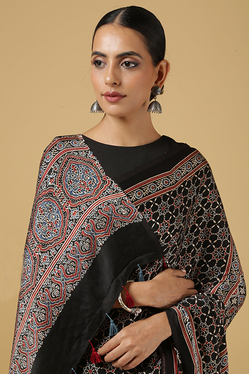Jahangir Khatri Ajrakh Printed Modal Traditional Saree With Tassels 11