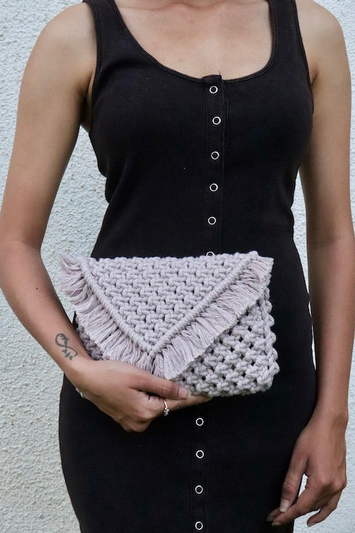 House of Macrame Handcrafted Macrame Clutch Bag with swing (Blush Grey)