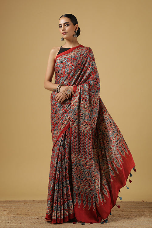 Half & Half Ajrakh naturally dyed modal silk saree – Soovos