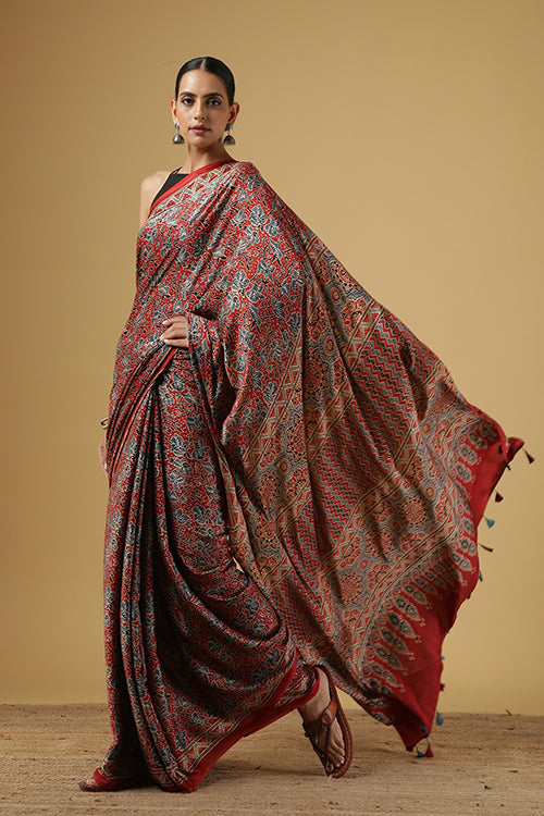 Jahangir Khatri Ajrakh Printed Modal Traditional Saree With Tassels 27