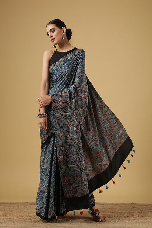 Jahangir Khatri Indigo Printed Modal Silk Ajrakh Saree With Tassels