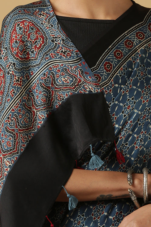 Jahangir Khatri-Traditional Ajrakh Hand Block Printed & Natural Dyed Modal Indigo Blue Saree With Tassels.