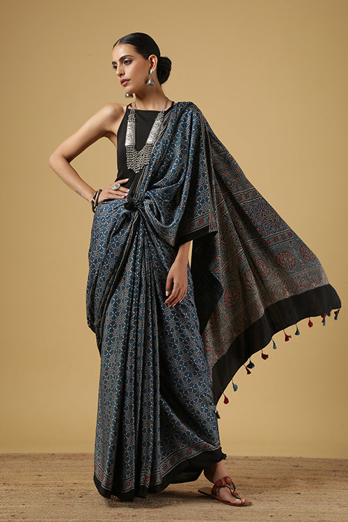 Jahangir Khatri - Indigo Blue Ajrakh Modal Saree - 010