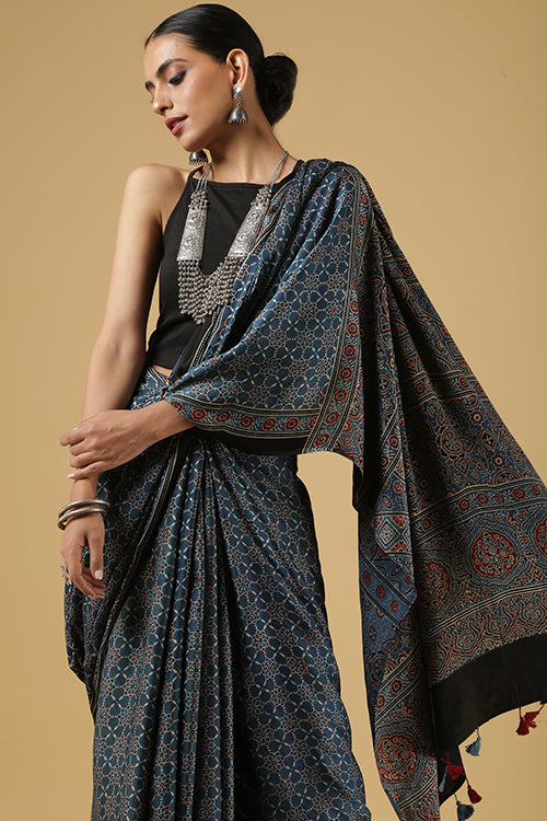 Jahangir Khatri Indigo Printed Modal Silk Ajrakh Saree With Tassels