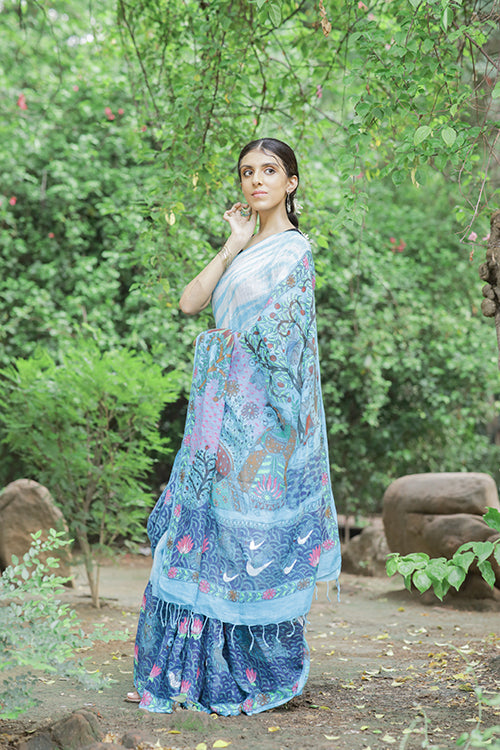 Madhubani Shibori Sky Blue Handpainted Linen Saree Online