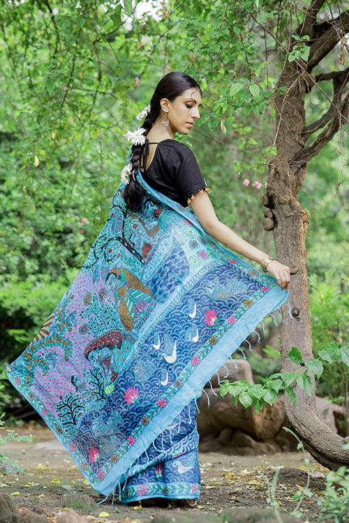 Diorama Designs Madhubani Shibori Sky Blue Hand-Painted Linen Saree