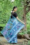 Madhubani Shibori Sky Blue Hand-Painted Linen Saree