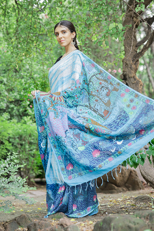 Madhubani Shibori Sky Blue Handpainted Linen Saree Online