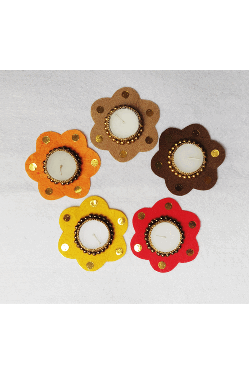 "Svatanya" Handcrafted Eco-Friendly Felt and Gold Zari Crochet T-Light Holder Set Of 5