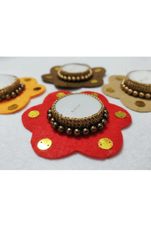 "Svatanya" Handcrafted Eco-Friendly Felt and Gold Zari Crochet T-Light Holder Set Of 5