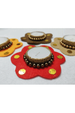 Handcrafted Eco-Friendly Felt and Gold Zari Crochet T-Light Holder Set Of 5 "Svatanya"