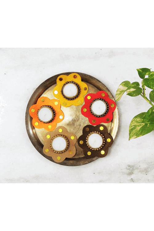 "Svatanya" Handcrafted Eco-Friendly Felt and Gold Zari Crochet T-Light Holder Set Of 5