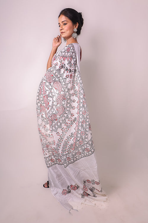 Madhubani White Hand Painted Linen Saree Online