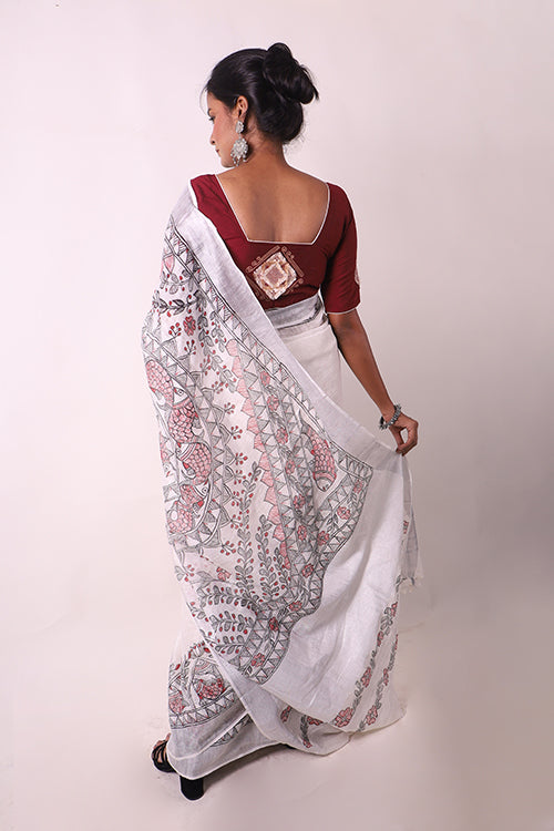 Diorama Designs Madhubani White Hand-Painted Linen Saree