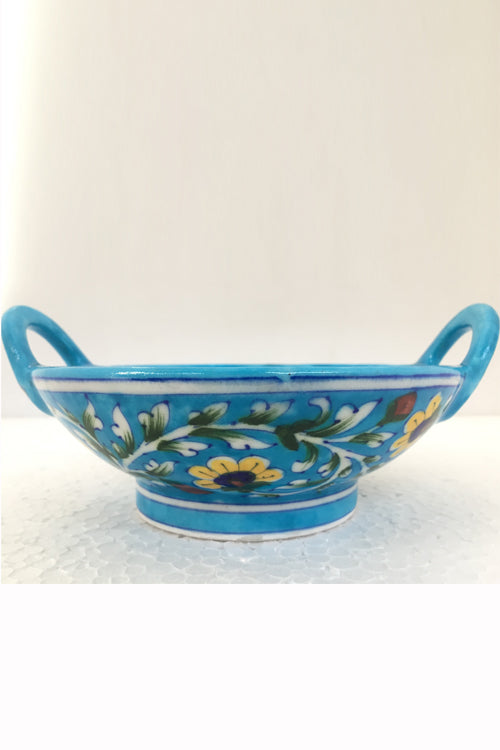 Ram Gopal Blue Pottery Handcrafted 'Kadai Bowl ' Light Blue Bowl-A