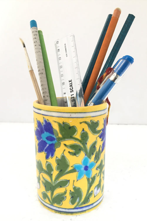 Ram Gopal Blue Pottery Handcrafted 'Pen Stand ' Yellow Stationary Stand-55