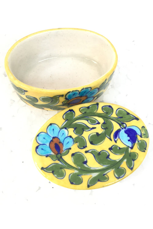 Ram Gopal Blue Pottery Handcrafted 'Oval accessory box ' Yellow Box-49
