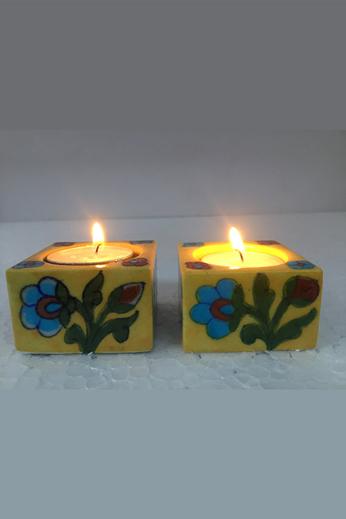 Ram Gopal Blue Pottery Handcrafted "T-Candles" Yellow Square Candle Stand  (Set Of 2)-29