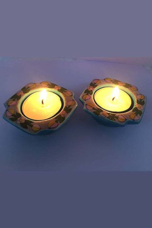 Ram Gopal Blue Pottery Handcrafted "T-Candles" Blue Candle Stand  (Set Of 2)-13