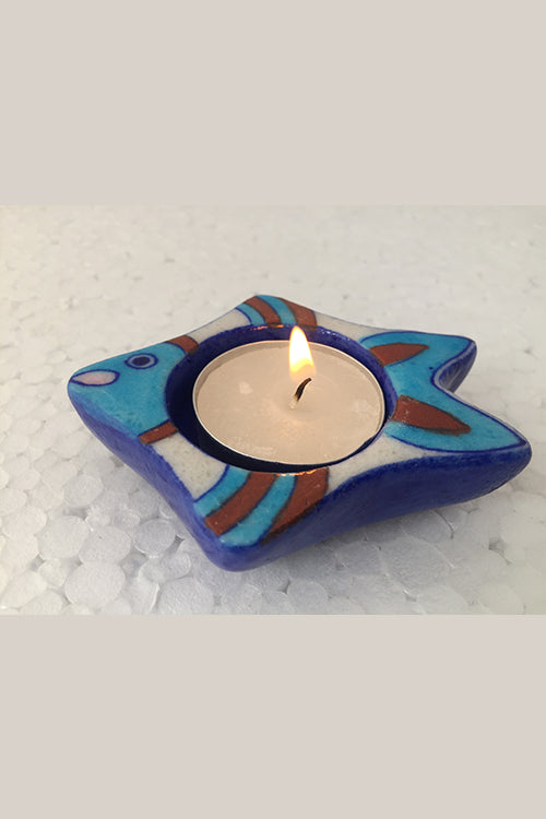 Ram Gopal Blue Pottery Handcrafted "T-Candles" Blue Fish Candle Stand  (Set Of 2)-26