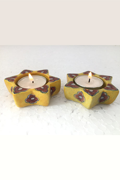 Ram Gopal Blue Pottery Handcrafted "T-Candles" Yellow Candle Stand  (Set Of 2)-16