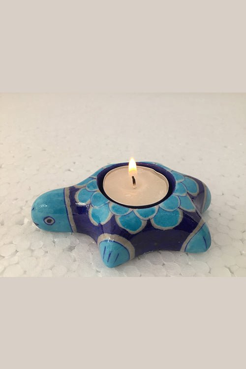 Ram Gopal Blue Pottery Handcrafted "T-Candles" Blue Turtel Candle Stand  (Set Of 2)-28