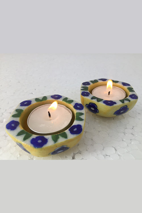 Ram Gopal Blue Pottery Handcrafted "T-Candles" Yellow Candle Stand  (Set Of 2)-18