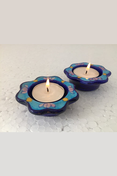 Ram Gopal Blue Pottery Handcrafted "T-Candles" Blue Candle Stand  (Set Of 2)-21