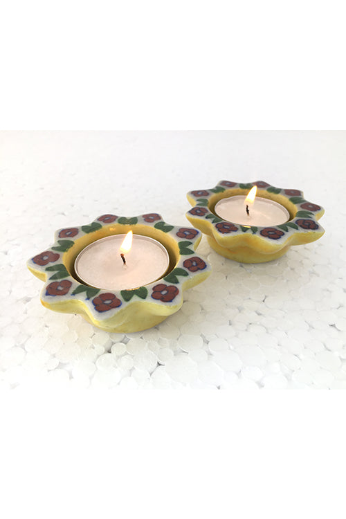 Ram Gopal Blue Pottery Handcrafted "T-Candles" Yellow Candle Stand  (Set Of 2)-23