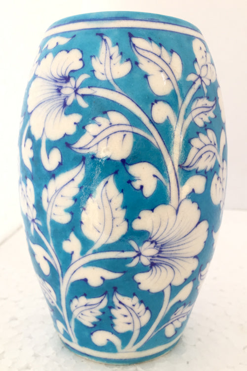 Ram Gopal Blue Pottery Handcrafted 'Drum Vase' Light Blue Vase-27
