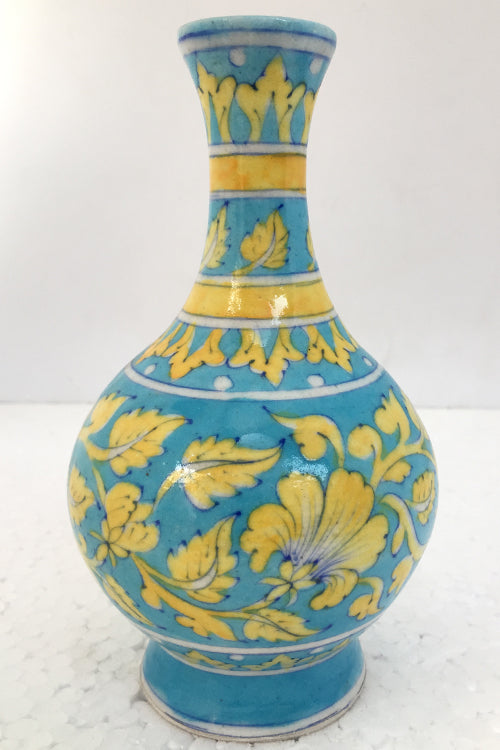 Ram Gopal Blue Pottery Handcrafted 'Surahai Vase" Blue Flower Vase-G