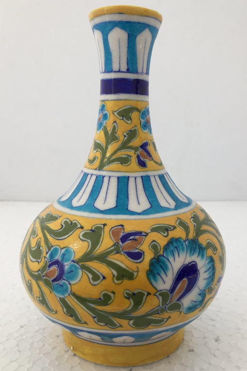 Ram Gopal Blue Pottery Handcrafted 'Surahai Vase" Yellow Flower Vase-117