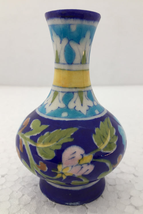 Ram Gopal Blue Pottery Handcrafted 'Surahai Vase" Blue Flower Vase-B