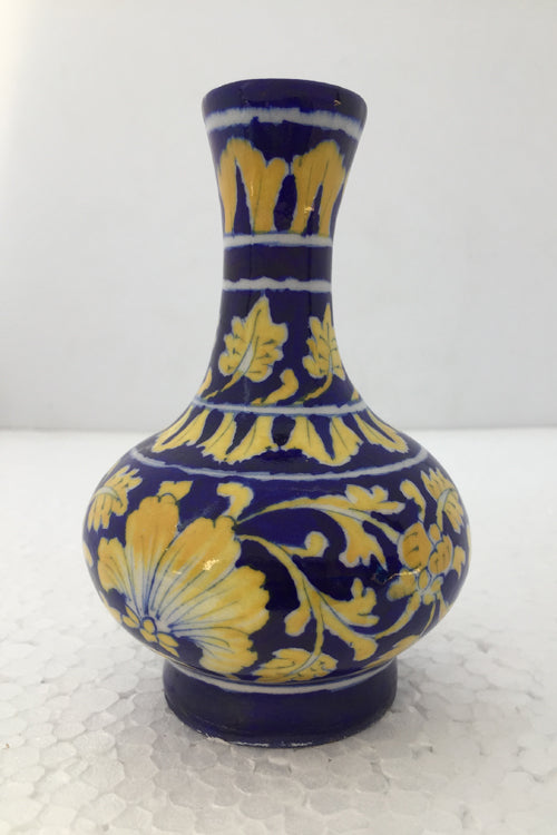 Ram Gopal Blue Pottery Handcrafted 'Surahai Vase" Blue Flower Vase-E