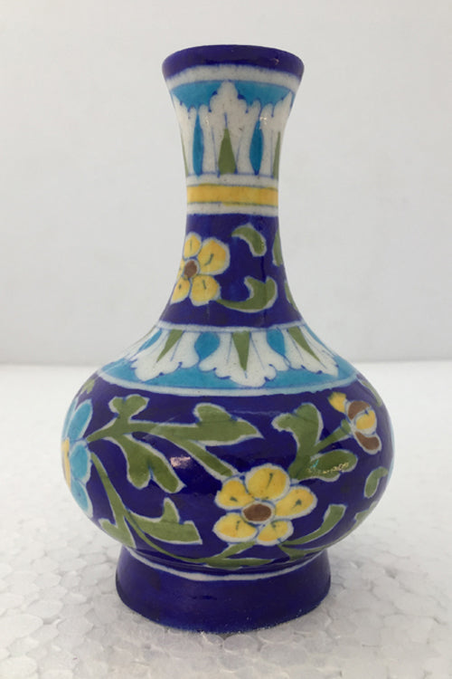 Ram Gopal Blue Pottery Handcrafted 'Surahai Vase" Blue Flower Vase-F