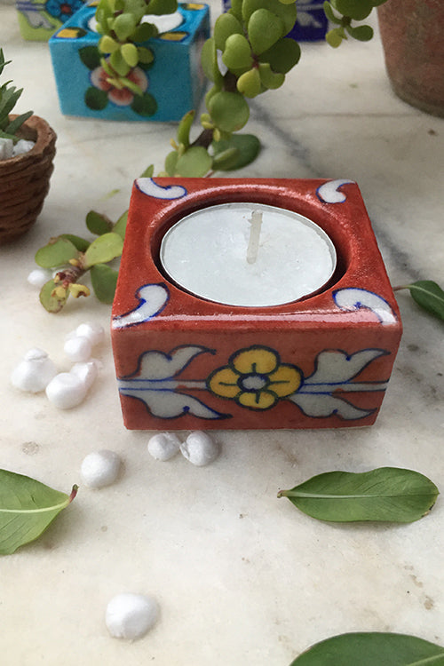 Ram Gopal Blue Pottery Handcrafted "T-Candles" Red Square Candle Stand  (Set Of 2)-33