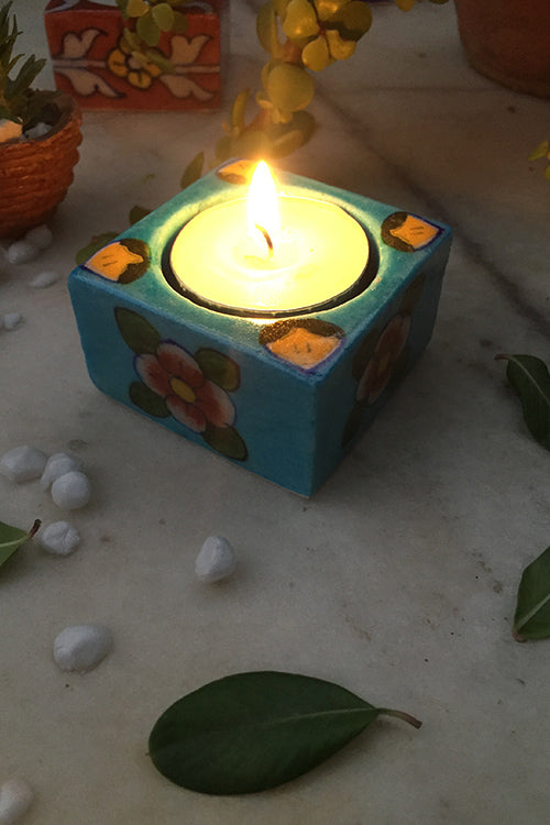 Ram Gopal Blue Pottery Handcrafted "T-Candles" Blue Square Candle Stand  (Set Of 2)-35