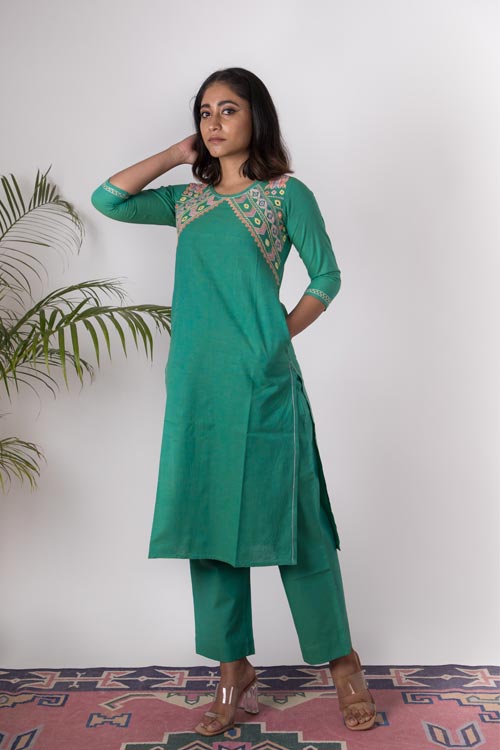 Urmul Nut Hand Embroidered Cotton Kurta Pant Set Online