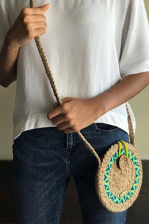 Dhaaga Handcrafts-Round Mini Natural Aztec sling bag